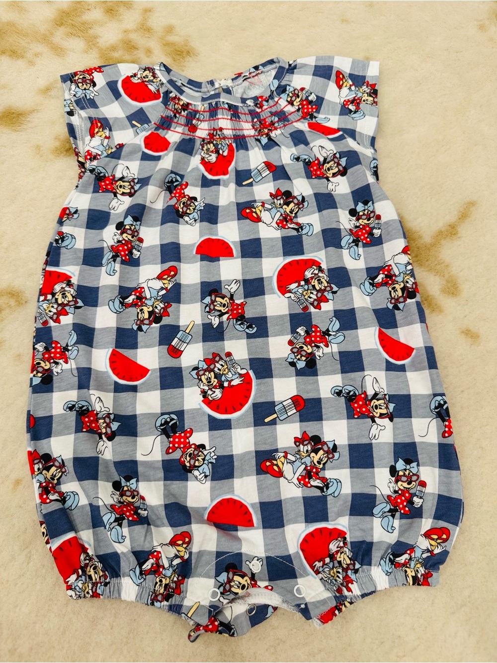 Disney Blue White Red Gingham Minnie Mouse Baby One-Piece